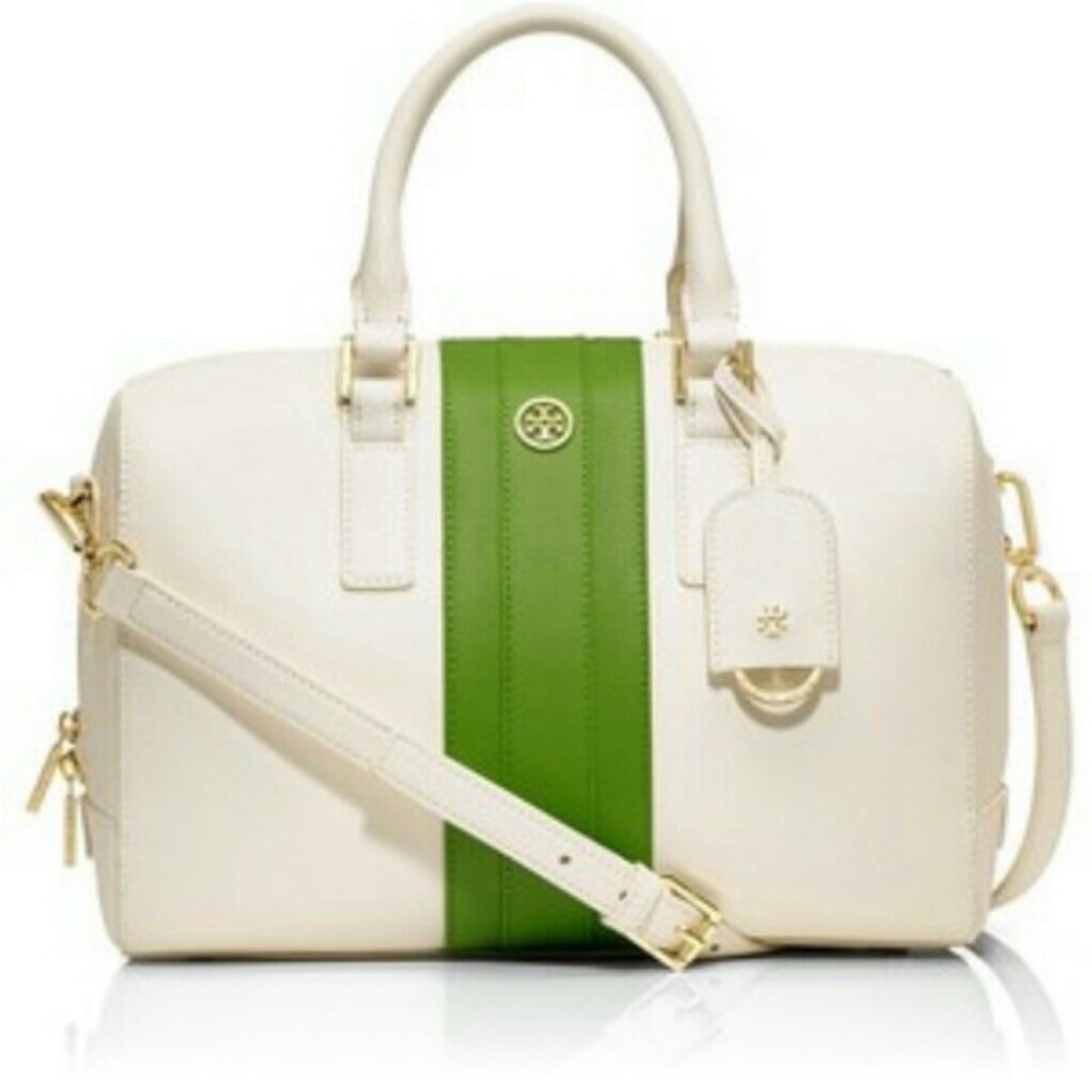 Tory Burch Robinson Cream Satchel with Green Center Striped and Gold Hardware